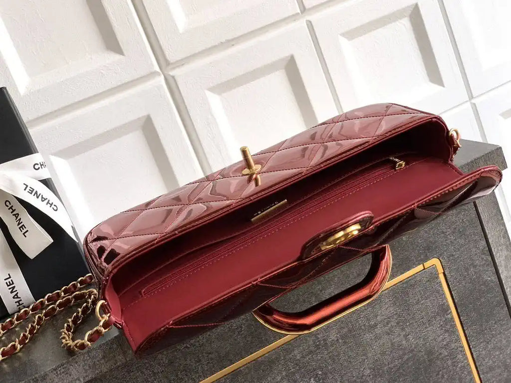 Chanel Large Flap Bag With Top Handle Metallic Mirror Calfskin AS5807 Burgundy