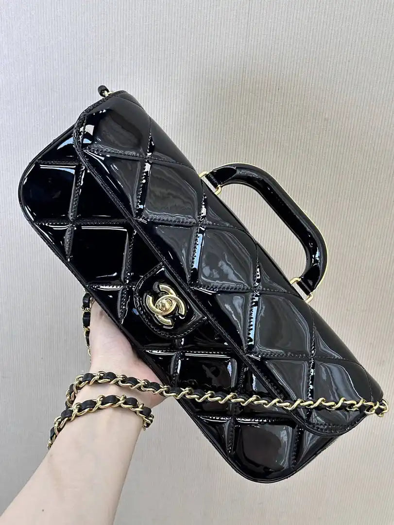 Chanel Large Flap Bag With Top Handle Metallic Mirror Calfskin & Gold-Tone Metal AS5807 Black