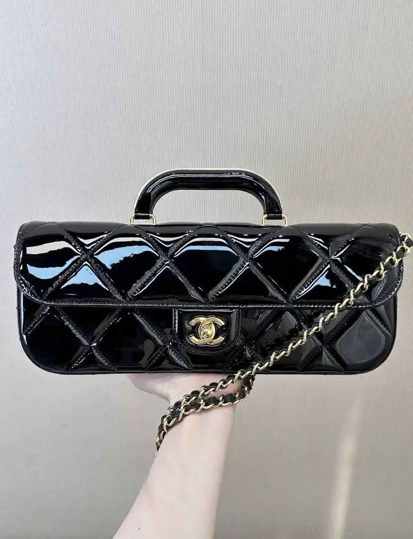 Chanel Large Flap Bag With Top Handle Metallic Mirror Calfskin & Gold-Tone Metal AS5807 Black