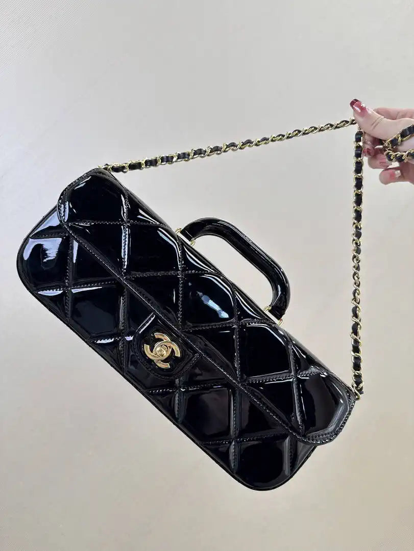 Chanel Large Flap Bag With Top Handle Metallic Mirror Calfskin & Gold-Tone Metal AS5807 Black