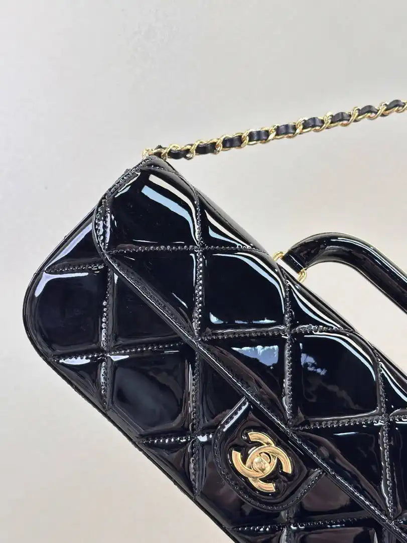 Chanel Large Flap Bag With Top Handle Metallic Mirror Calfskin & Gold-Tone Metal AS5807 Black