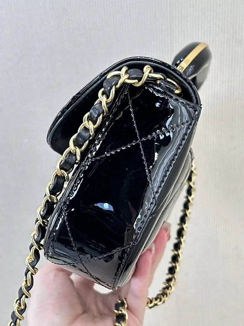 Chanel Large Flap Bag With Top Handle Metallic Mirror Calfskin & Gold-Tone Metal AS5807 Black