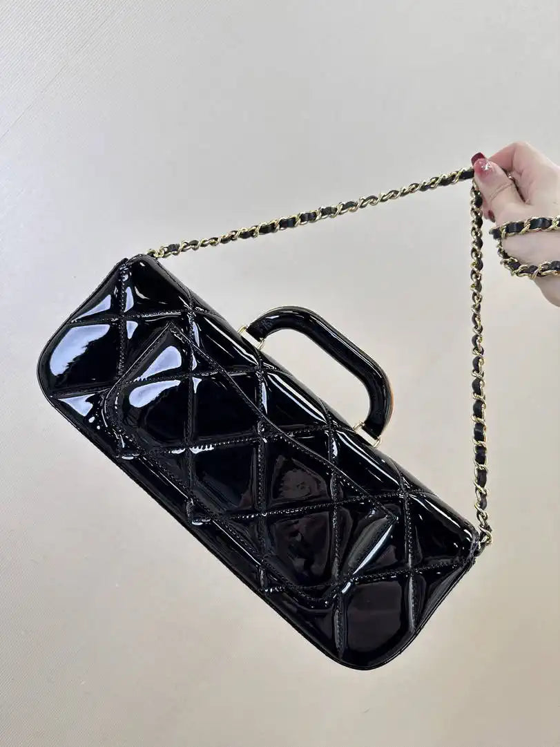 Chanel Large Flap Bag With Top Handle Metallic Mirror Calfskin & Gold-Tone Metal AS5807 Black