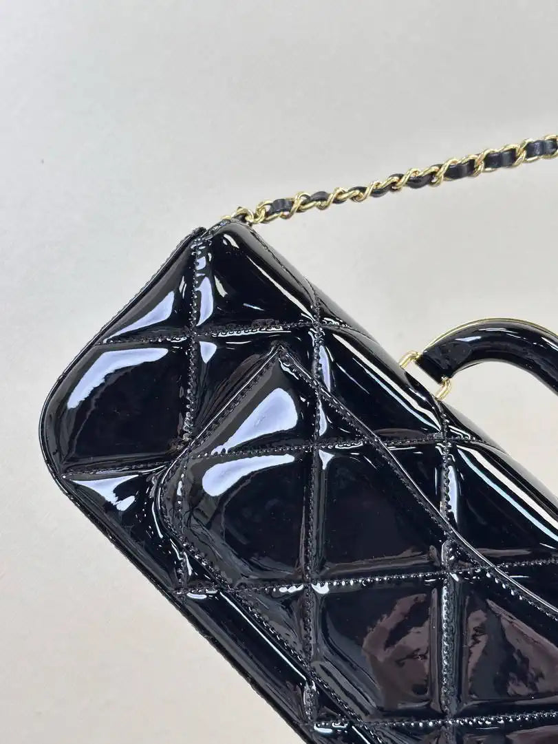 Chanel Large Flap Bag With Top Handle Metallic Mirror Calfskin & Gold-Tone Metal AS5807 Black