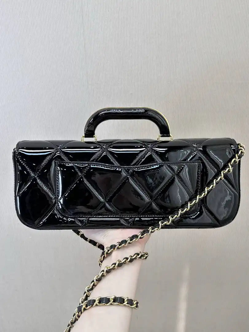 Chanel Large Flap Bag With Top Handle Metallic Mirror Calfskin & Gold-Tone Metal AS5807 Black