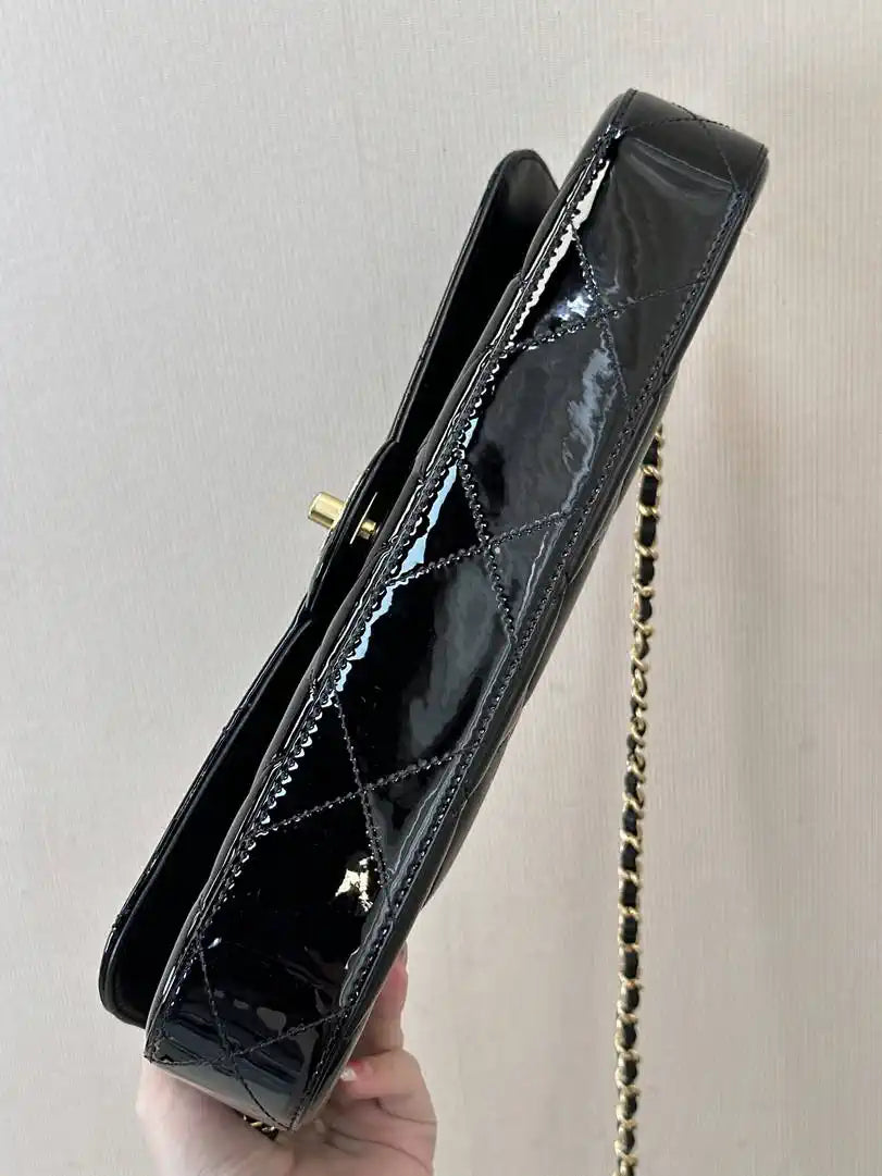 Chanel Large Flap Bag With Top Handle Metallic Mirror Calfskin & Gold-Tone Metal AS5807 Black
