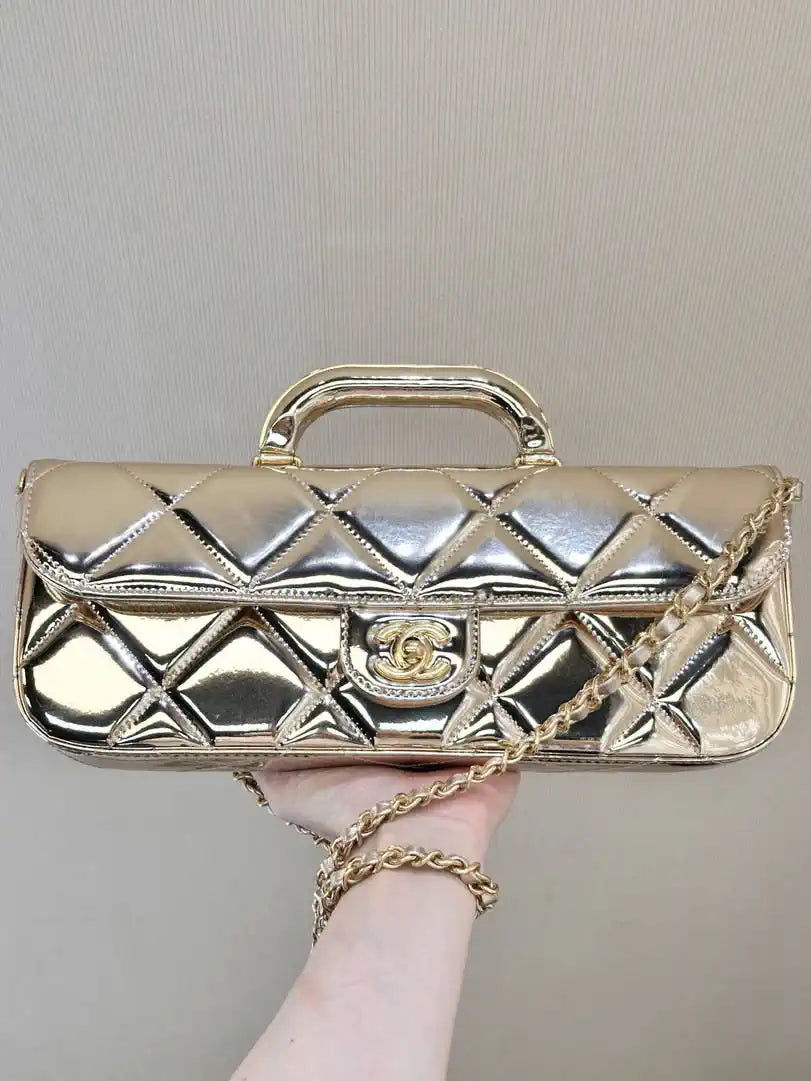 Chanel Large Flap Bag With Top Handle Metallic Mirror Calfskin & Gold-Tone Metal AS5807 Light Gold