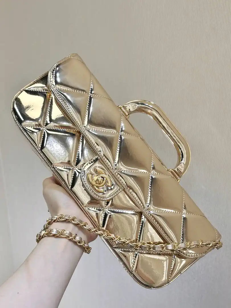 Chanel Large Flap Bag With Top Handle Metallic Mirror Calfskin & Gold-Tone Metal AS5807 Light Gold