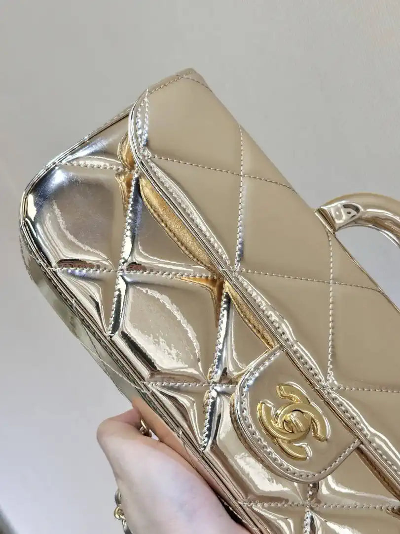 Chanel Large Flap Bag With Top Handle Metallic Mirror Calfskin & Gold-Tone Metal AS5807 Light Gold