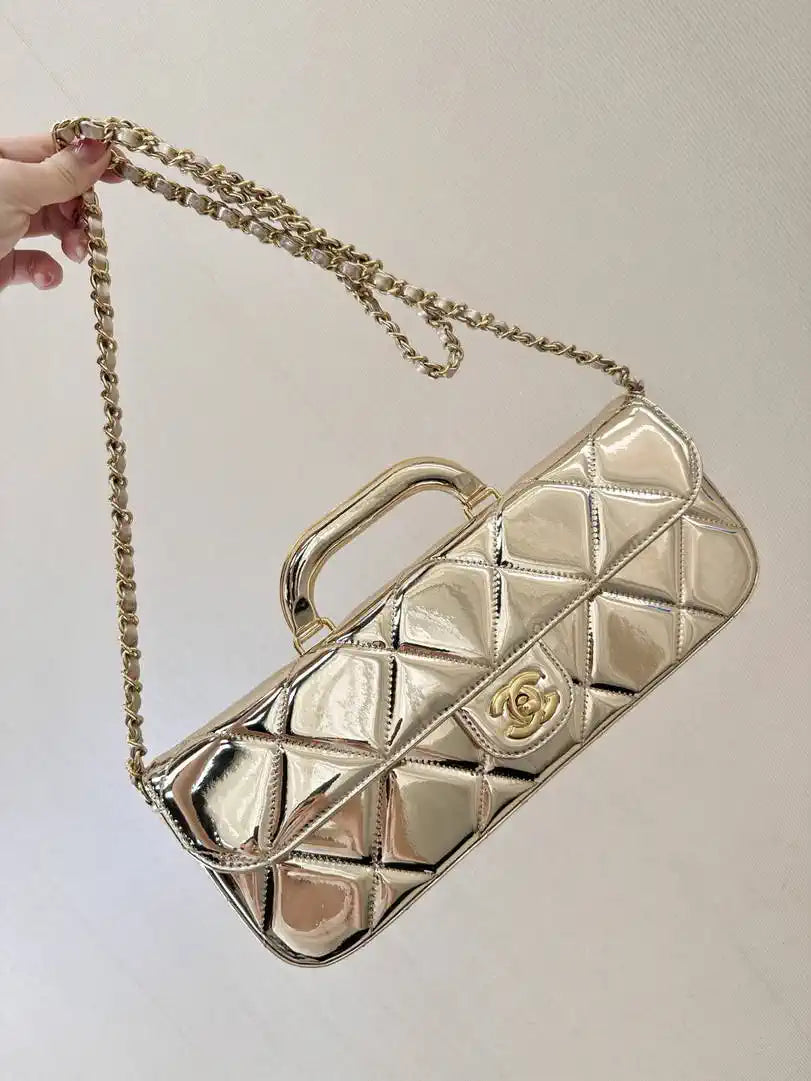 Chanel Large Flap Bag With Top Handle Metallic Mirror Calfskin & Gold-Tone Metal AS5807 Light Gold