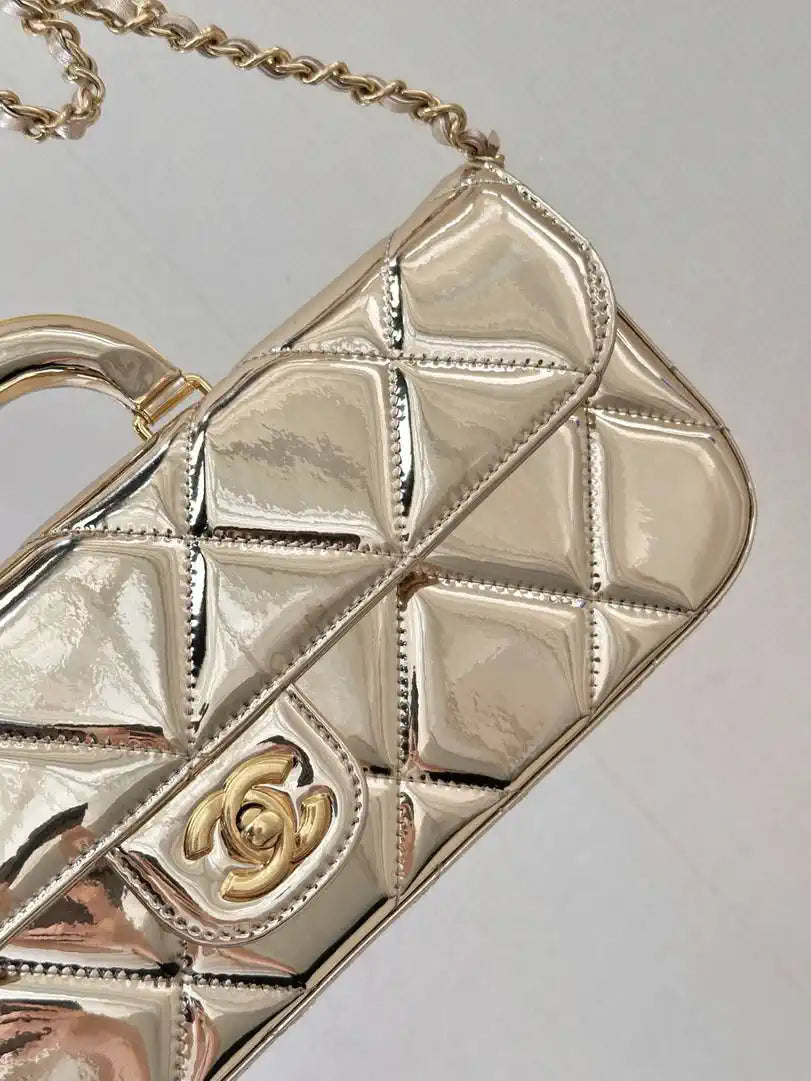 Chanel Large Flap Bag With Top Handle Metallic Mirror Calfskin & Gold-Tone Metal AS5807 Light Gold