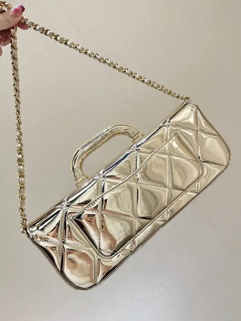Chanel Large Flap Bag With Top Handle Metallic Mirror Calfskin & Gold-Tone Metal AS5807 Light Gold