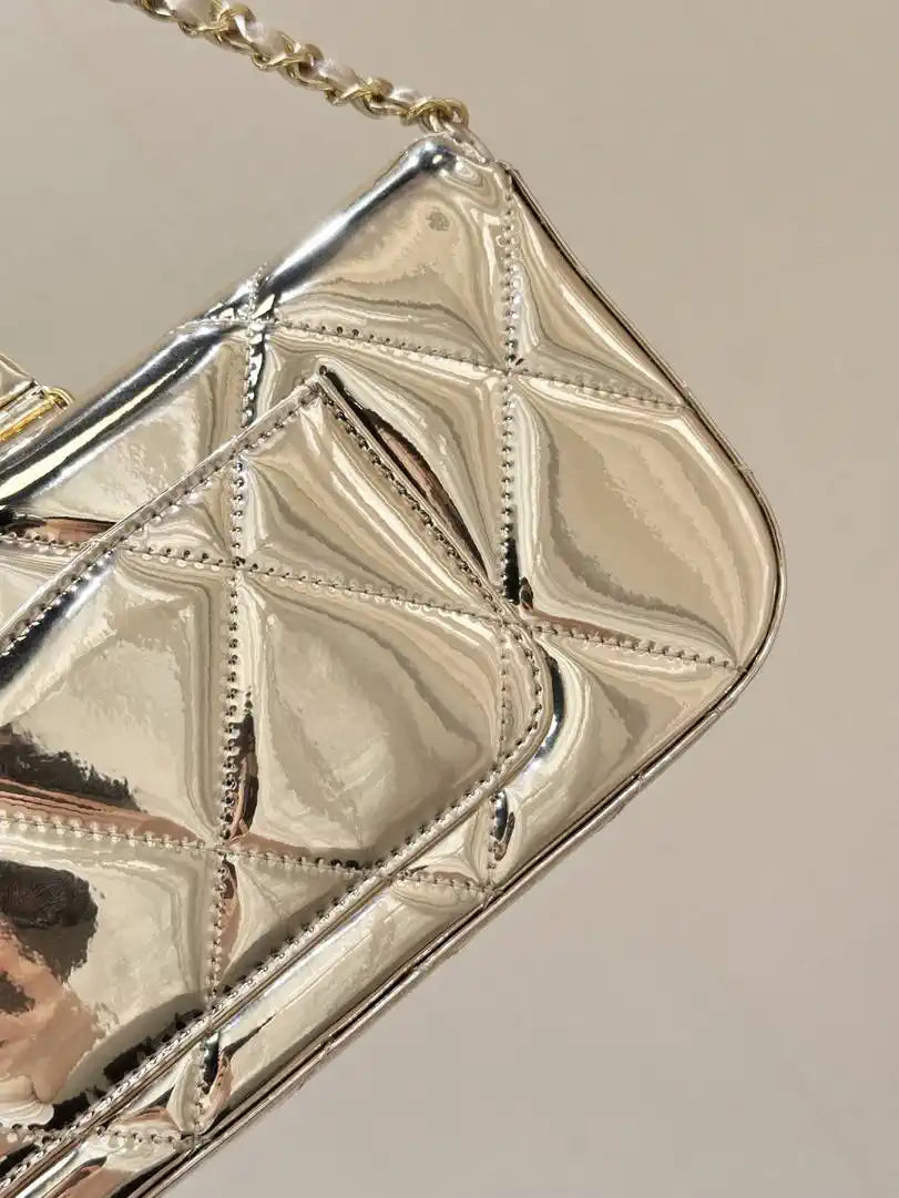 Chanel Large Flap Bag With Top Handle Metallic Mirror Calfskin & Gold-Tone Metal AS5807 Light Gold