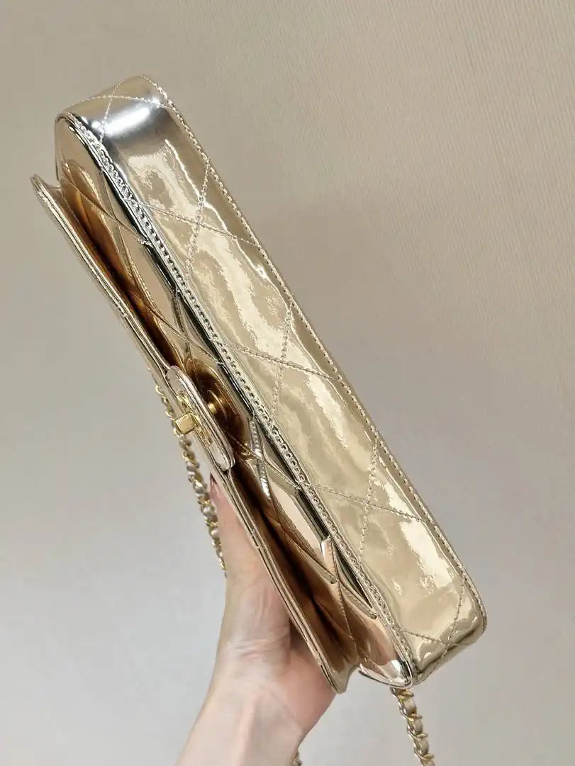 Chanel Large Flap Bag With Top Handle Metallic Mirror Calfskin & Gold-Tone Metal AS5807 Light Gold