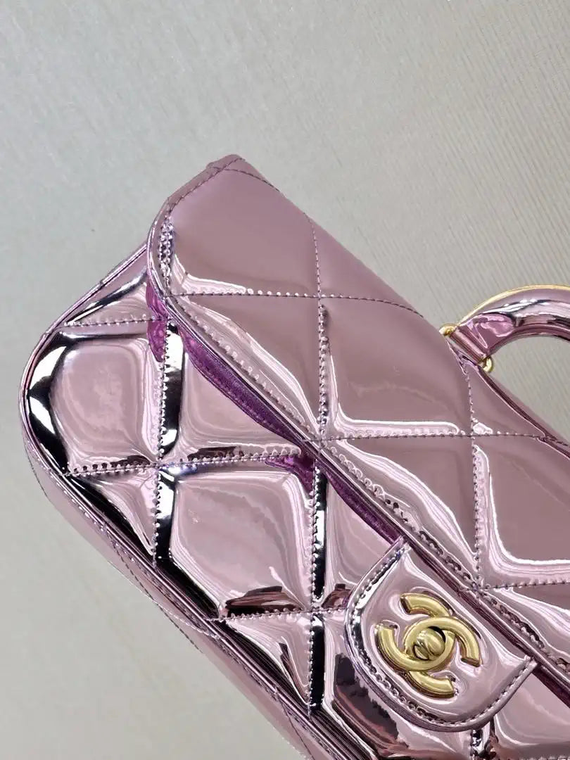 Chanel Large Flap Bag With Top Handle Metallic Mirror Calfskin & Gold-Tone Metal AS5807 Light purple