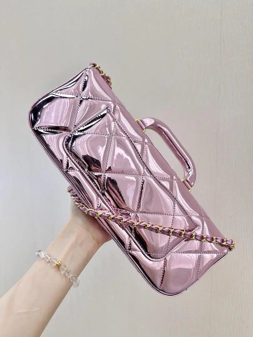 Chanel Large Flap Bag With Top Handle Metallic Mirror Calfskin & Gold-Tone Metal AS5807 Light purple