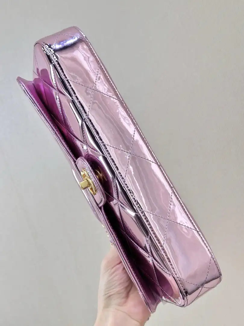 Chanel Large Flap Bag With Top Handle Metallic Mirror Calfskin & Gold-Tone Metal AS5807 Light purple