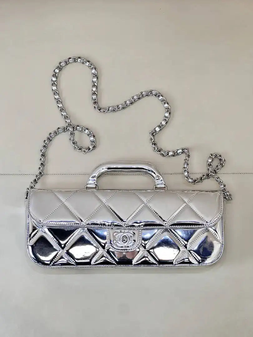 Chanel Large Flap Bag With Top Handle Metallic Mirror Calfskin & Silver-Tone Metal AS5807 Silver