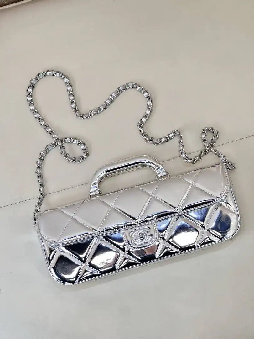 Chanel Large Flap Bag With Top Handle Metallic Mirror Calfskin & Silver-Tone Metal AS5807 Silver