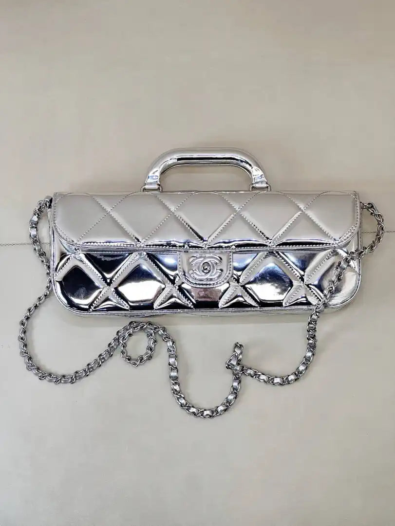 Chanel Large Flap Bag With Top Handle Metallic Mirror Calfskin & Silver-Tone Metal AS5807 Silver