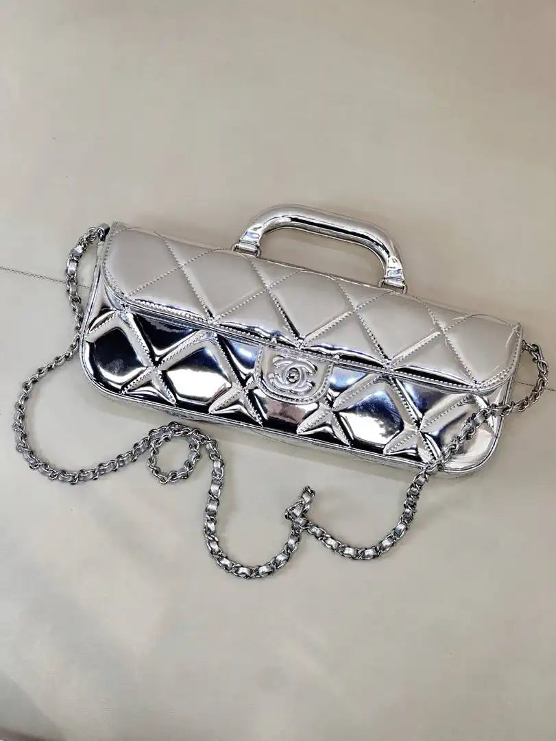 Chanel Large Flap Bag With Top Handle Metallic Mirror Calfskin & Silver-Tone Metal AS5807 Silver
