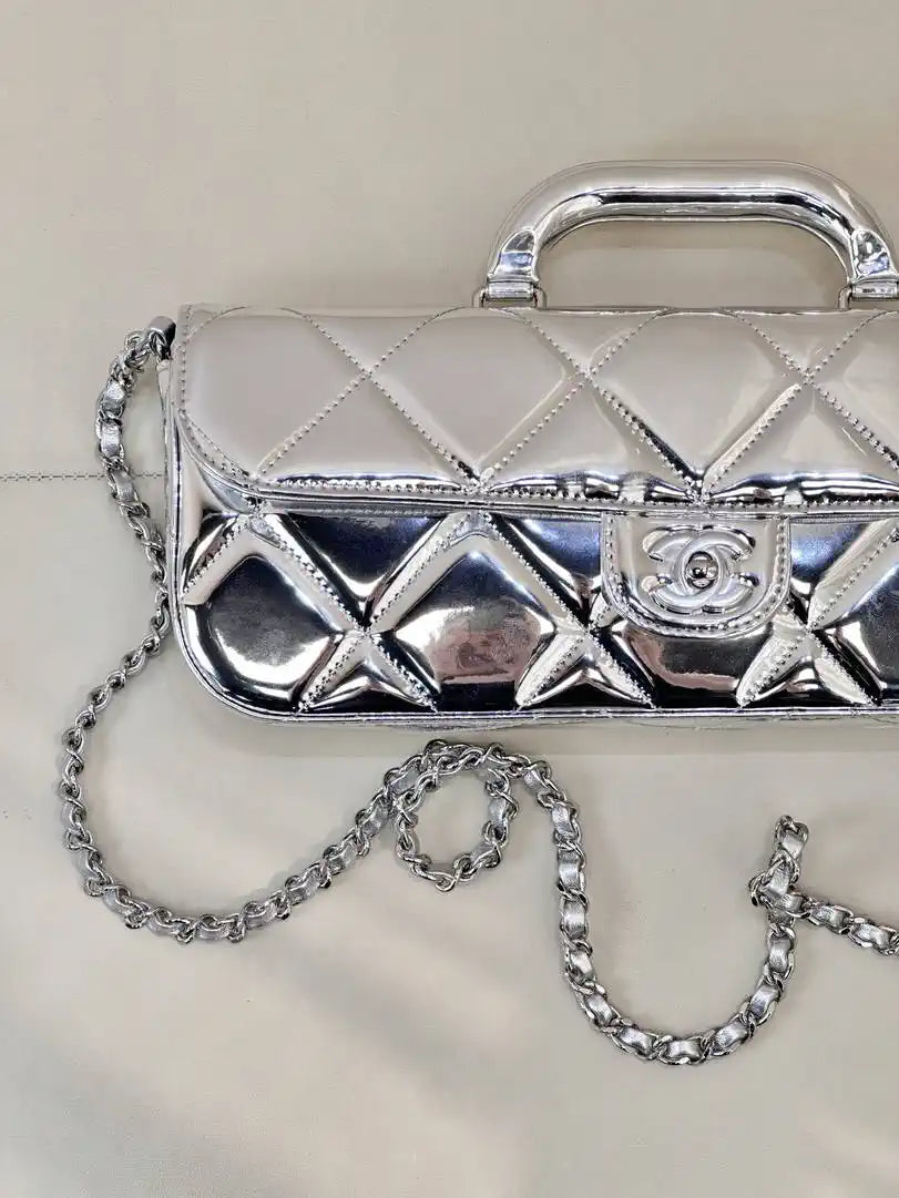 Chanel Large Flap Bag With Top Handle Metallic Mirror Calfskin & Silver-Tone Metal AS5807 Silver