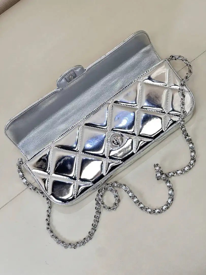 Chanel Large Flap Bag With Top Handle Metallic Mirror Calfskin & Silver-Tone Metal AS5807 Silver