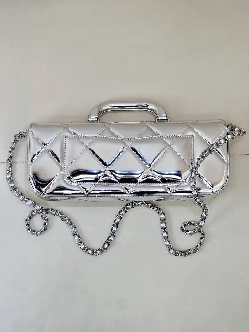 Chanel Large Flap Bag With Top Handle Metallic Mirror Calfskin & Silver-Tone Metal AS5807 Silver