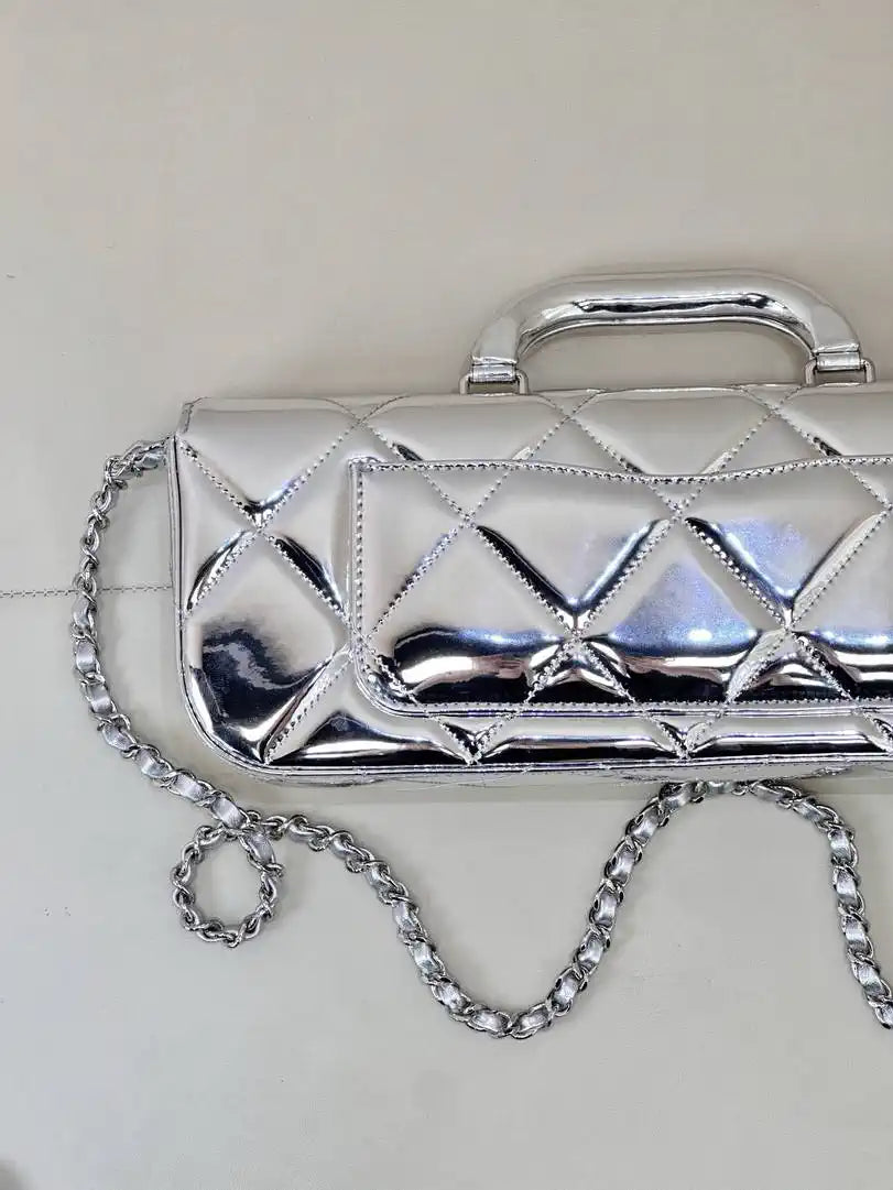 Chanel Large Flap Bag With Top Handle Metallic Mirror Calfskin & Silver-Tone Metal AS5807 Silver
