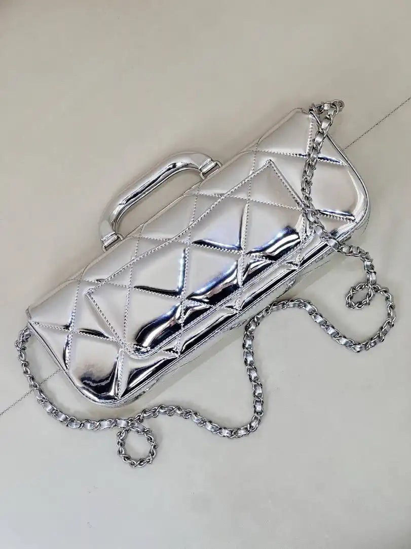 Chanel Large Flap Bag With Top Handle Metallic Mirror Calfskin & Silver-Tone Metal AS5807 Silver