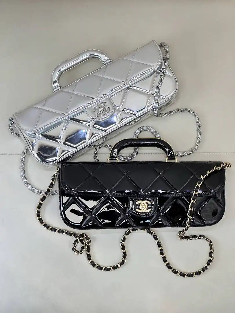 Chanel Large Flap Bag With Top Handle Metallic Mirror Calfskin & Silver-Tone Metal AS5807 Silver
