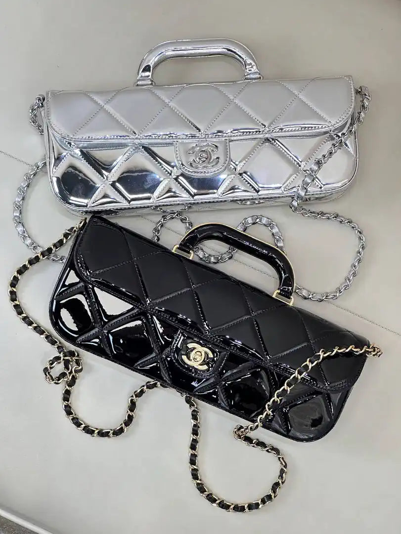 Chanel Large Flap Bag With Top Handle Metallic Mirror Calfskin & Silver-Tone Metal AS5807 Silver