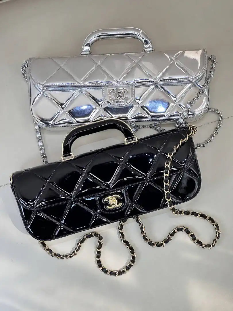 Chanel Large Flap Bag With Top Handle Metallic Mirror Calfskin & Silver-Tone Metal AS5807 Silver