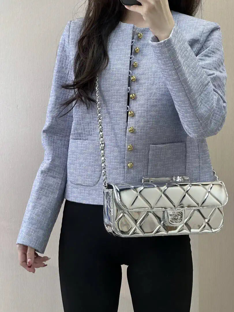Chanel Large Flap Bag With Top Handle Metallic Mirror Calfskin & Silver-Tone Metal AS5807 Silver