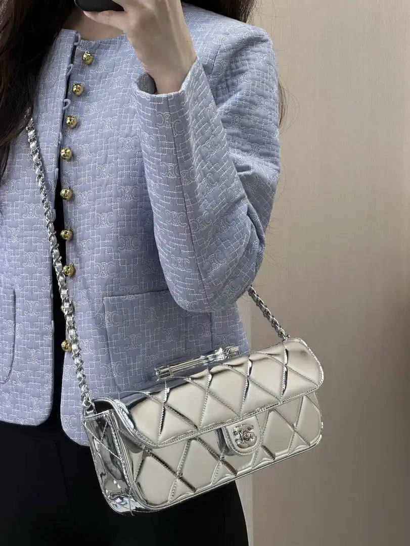 Chanel Large Flap Bag With Top Handle Metallic Mirror Calfskin & Silver-Tone Metal AS5807 Silver