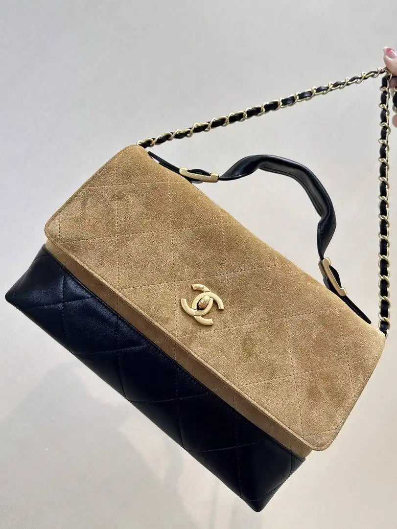 Chanel Large Flap Bag With Top Handle Suede Calfskin Shiny Lambskin AS5637 Brown