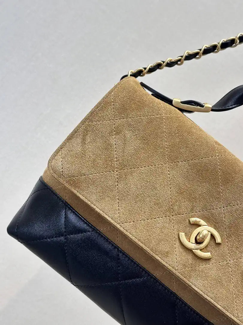 Chanel Large Flap Bag With Top Handle Suede Calfskin Shiny Lambskin AS5637 Brown