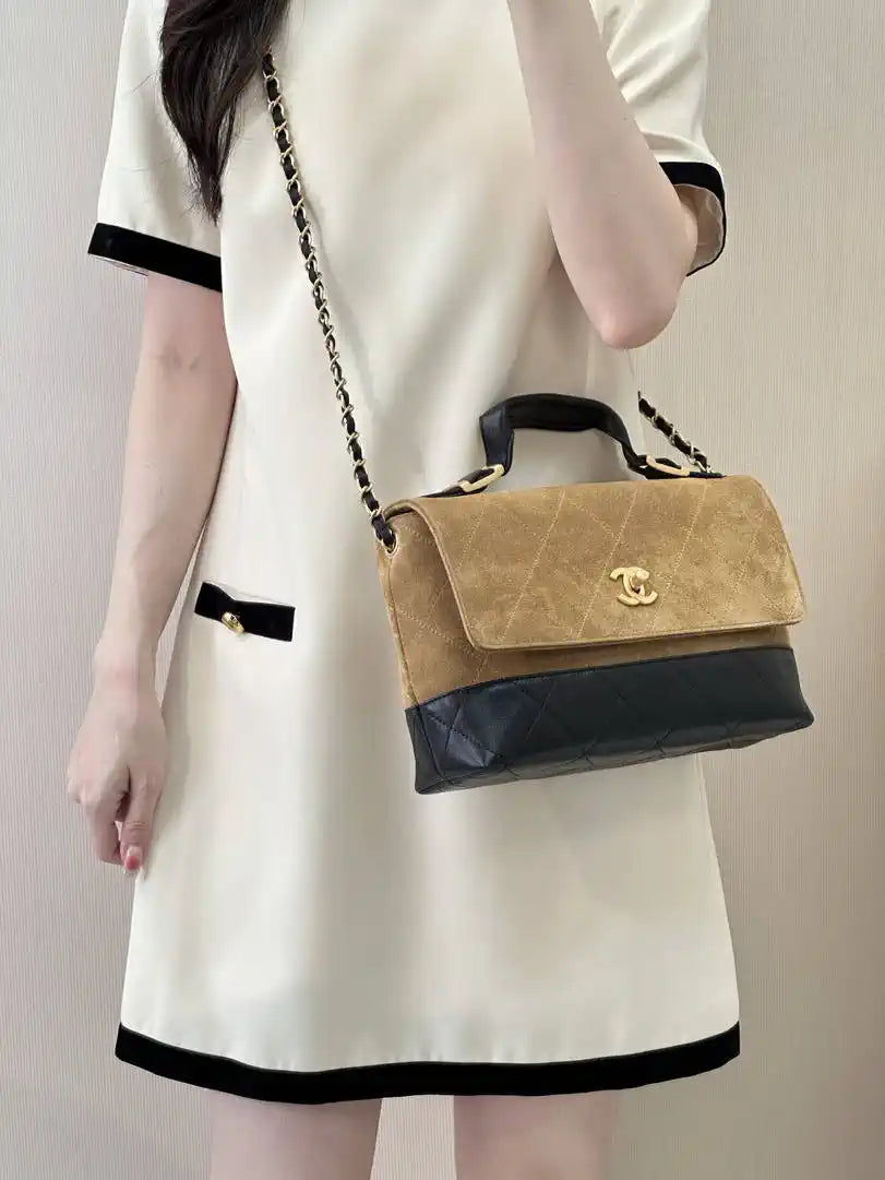 Chanel Large Flap Bag With Top Handle Suede Calfskin Shiny Lambskin AS5637 Brown