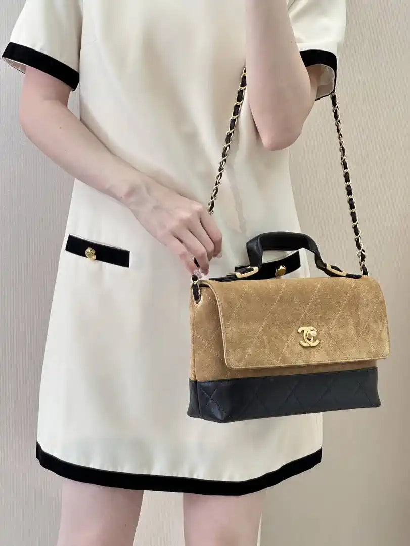 Chanel Large Flap Bag With Top Handle Suede Calfskin Shiny Lambskin AS5637 Brown