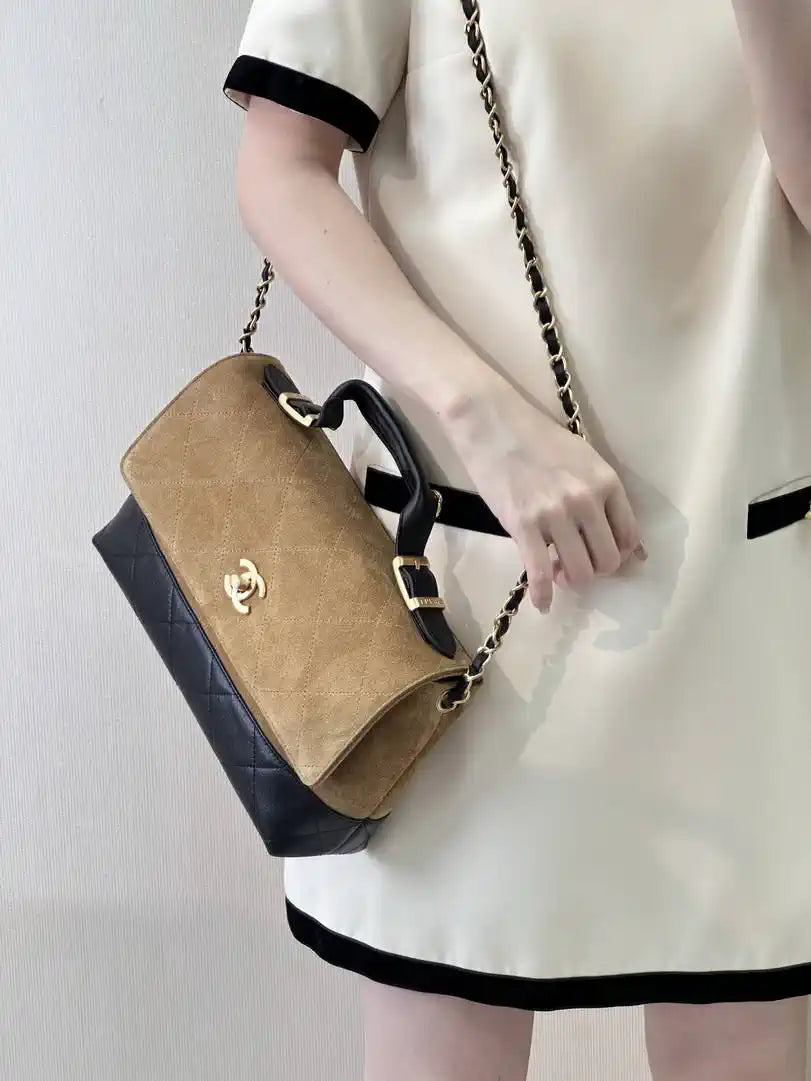 Chanel Large Flap Bag With Top Handle Suede Calfskin Shiny Lambskin AS5637 Brown