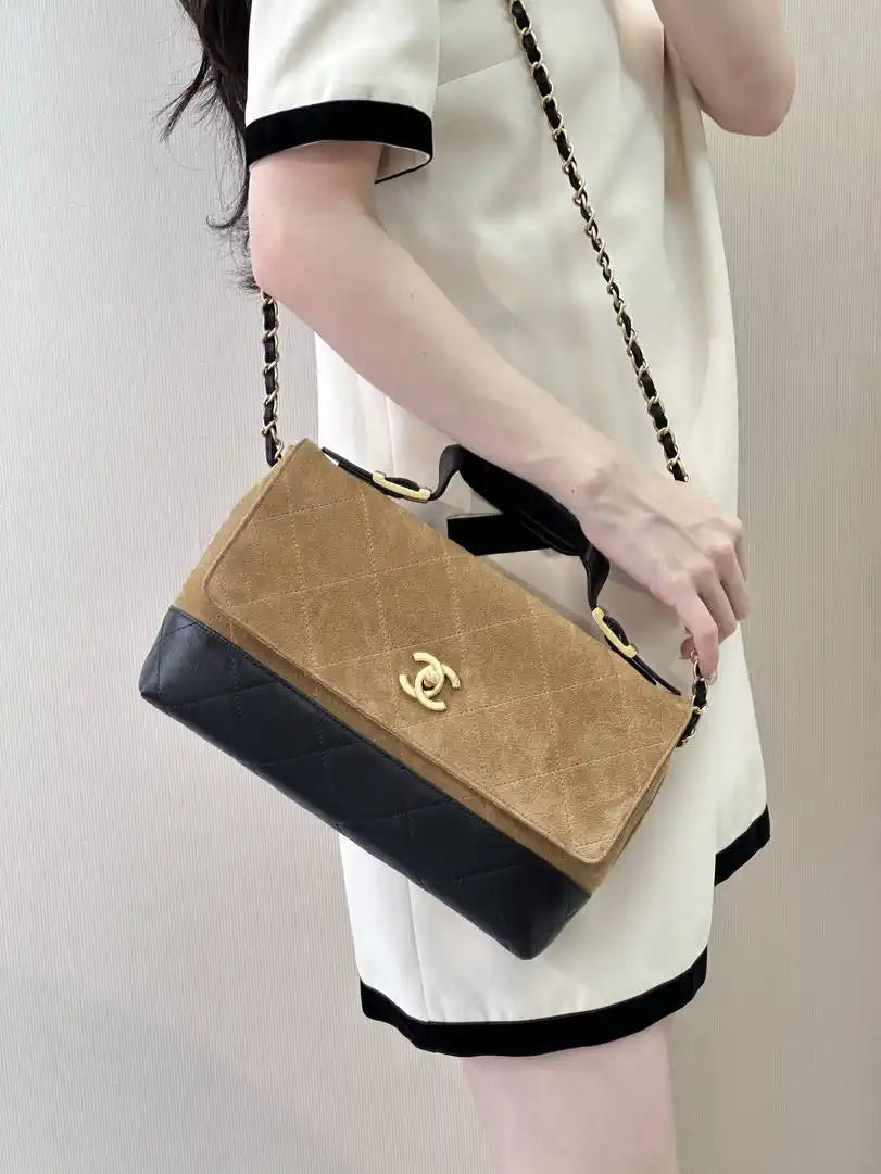Chanel Large Flap Bag With Top Handle Suede Calfskin Shiny Lambskin AS5637 Brown