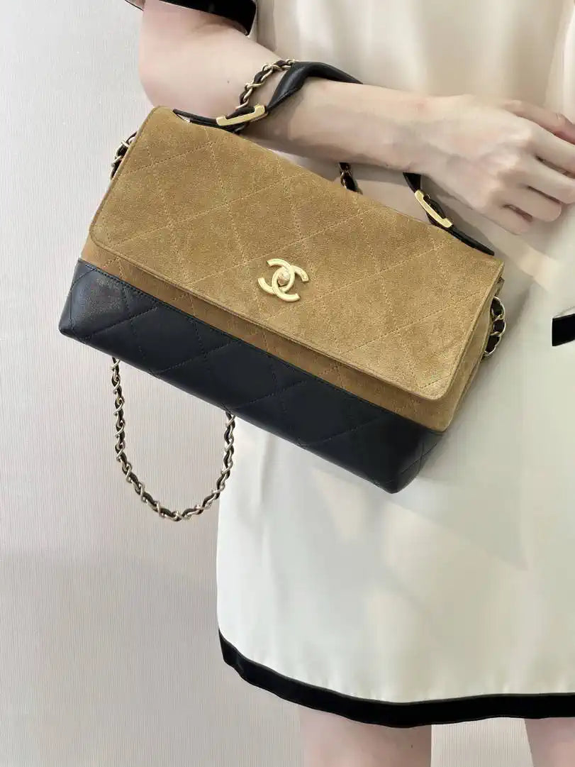 Chanel Large Flap Bag With Top Handle Suede Calfskin Shiny Lambskin AS5637 Brown