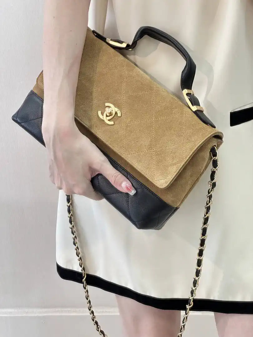 Chanel Large Flap Bag With Top Handle Suede Calfskin Shiny Lambskin AS5637 Brown