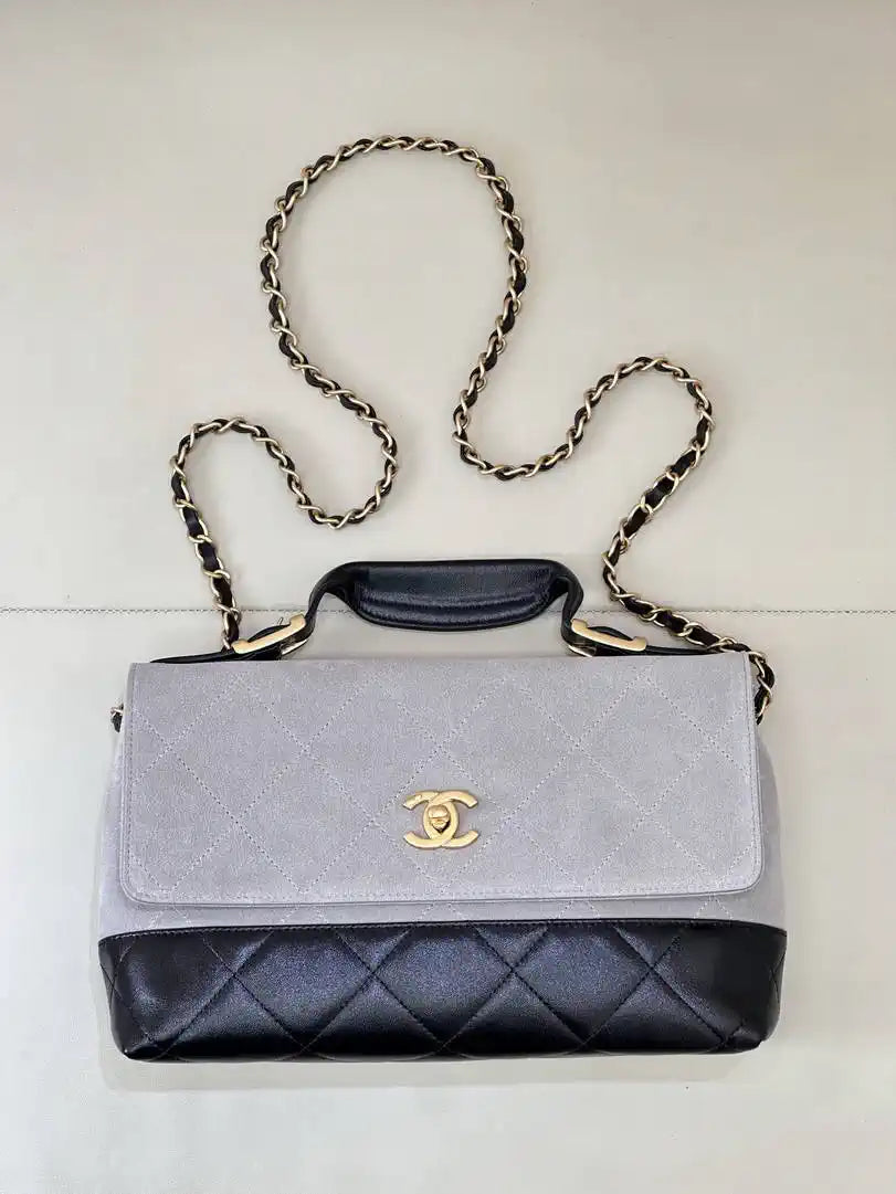 Chanel Large Flap Bag With Top Handle Suede Calfskin Shiny Lambskin AS5637 Gray