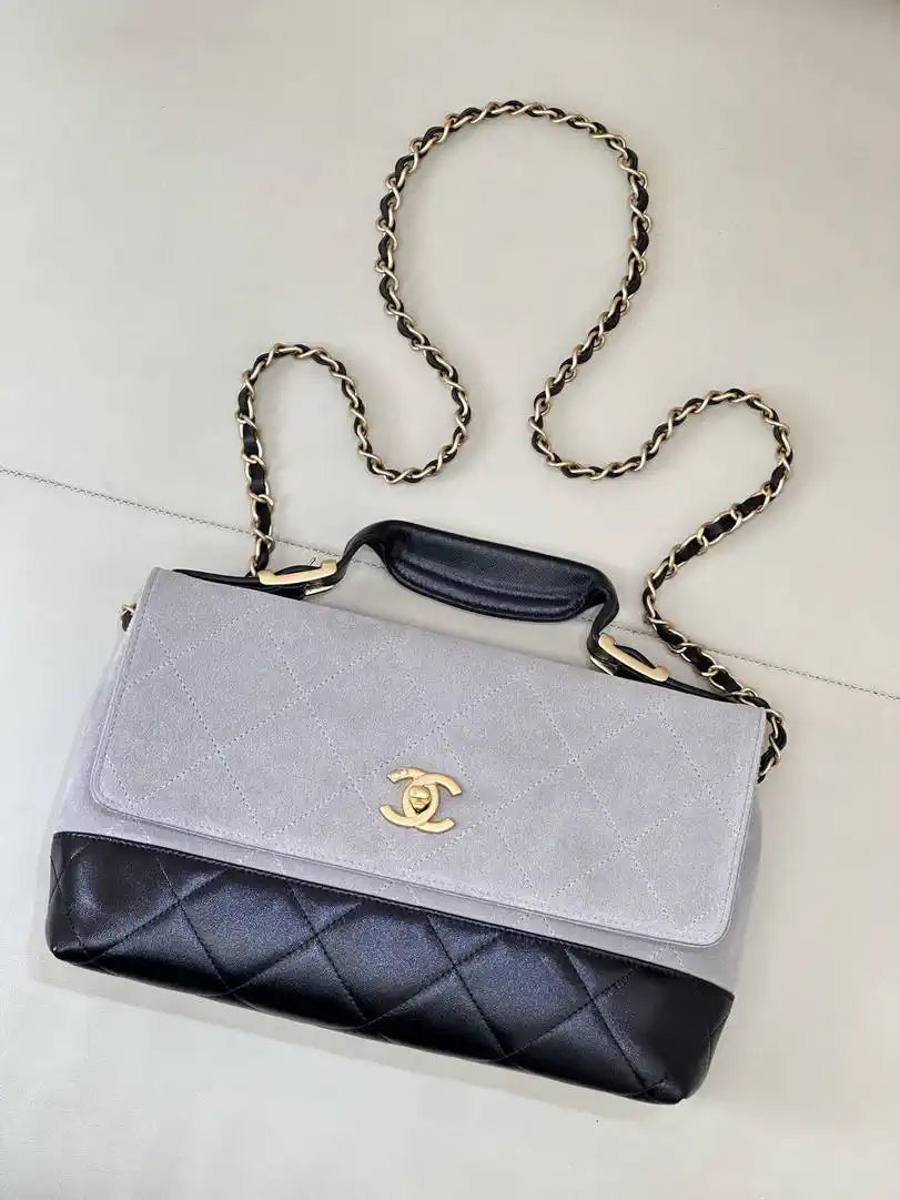 Chanel Large Flap Bag With Top Handle Suede Calfskin Shiny Lambskin AS5637 Gray