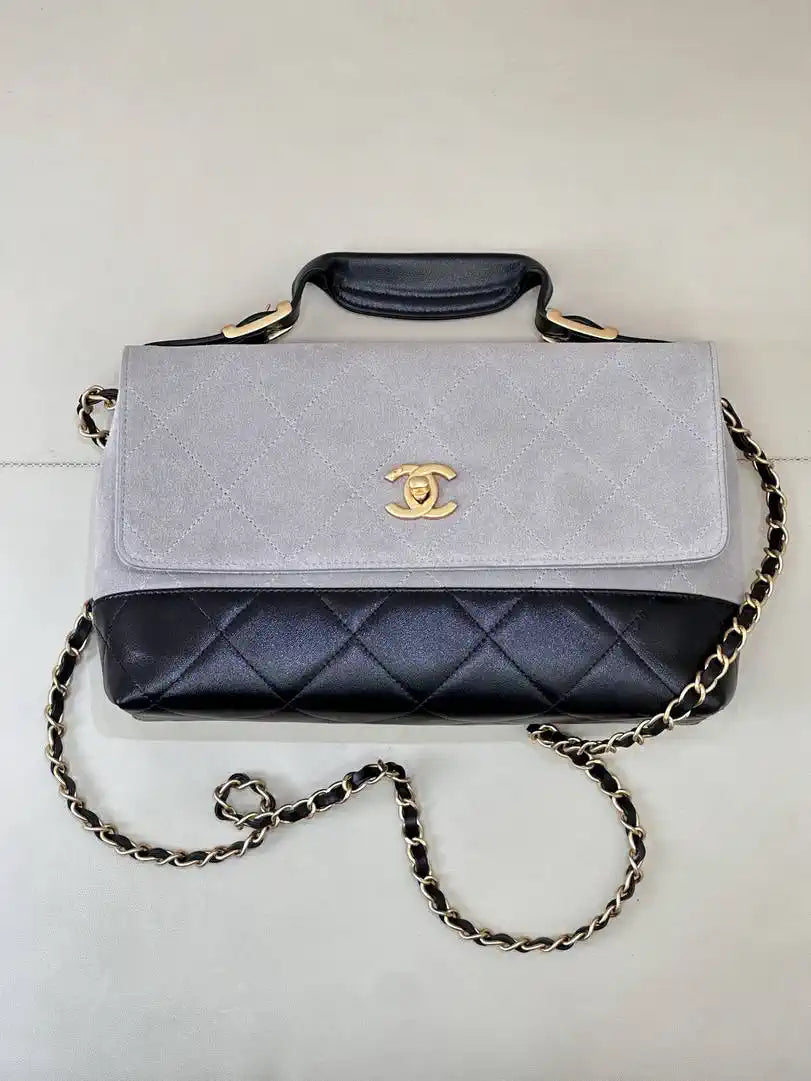 Chanel Large Flap Bag With Top Handle Suede Calfskin Shiny Lambskin AS5637 Gray