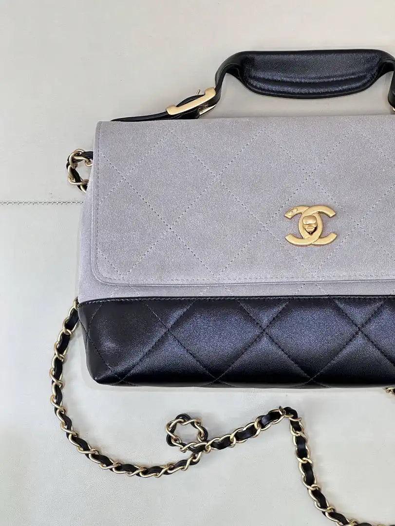 Chanel Large Flap Bag With Top Handle Suede Calfskin Shiny Lambskin AS5637 Gray