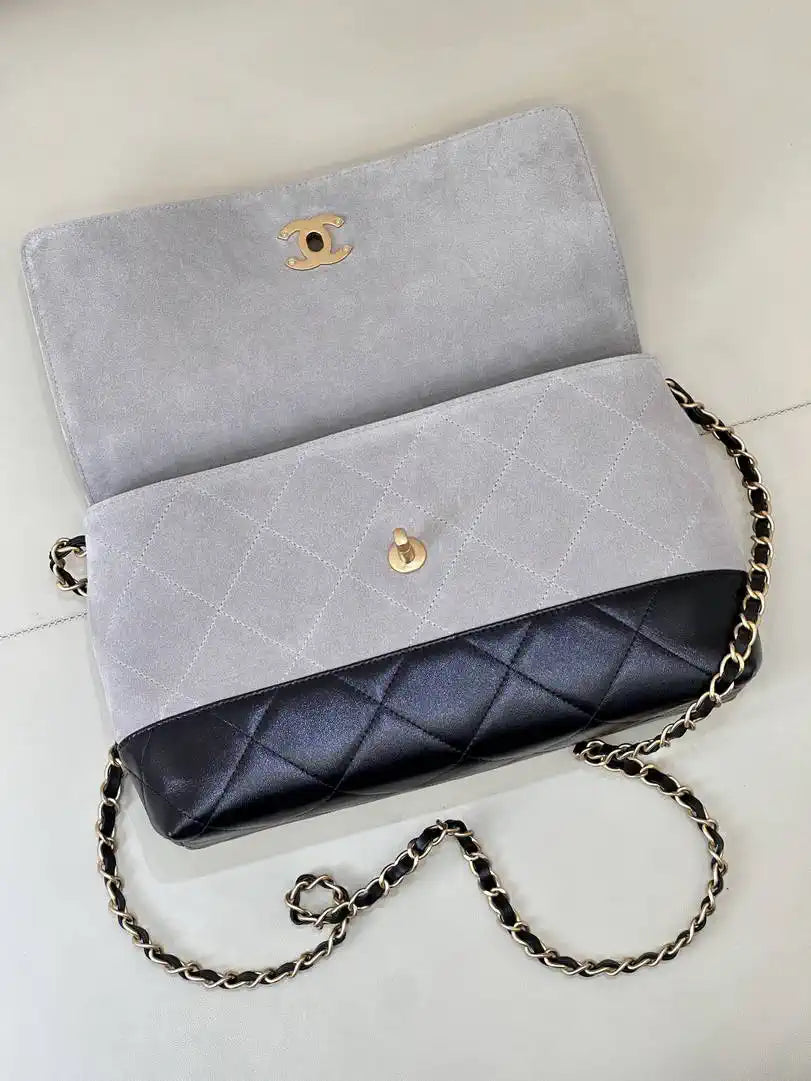 Chanel Large Flap Bag With Top Handle Suede Calfskin Shiny Lambskin AS5637 Gray