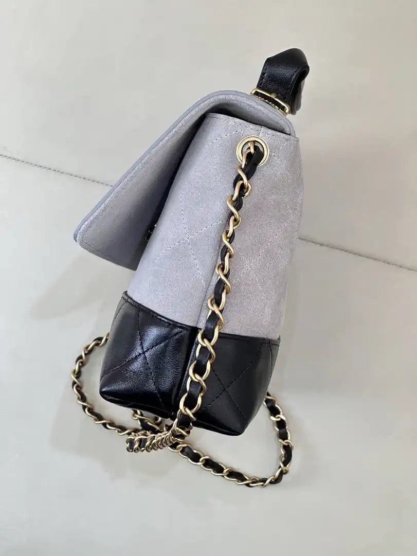 Chanel Large Flap Bag With Top Handle Suede Calfskin Shiny Lambskin AS5637 Gray
