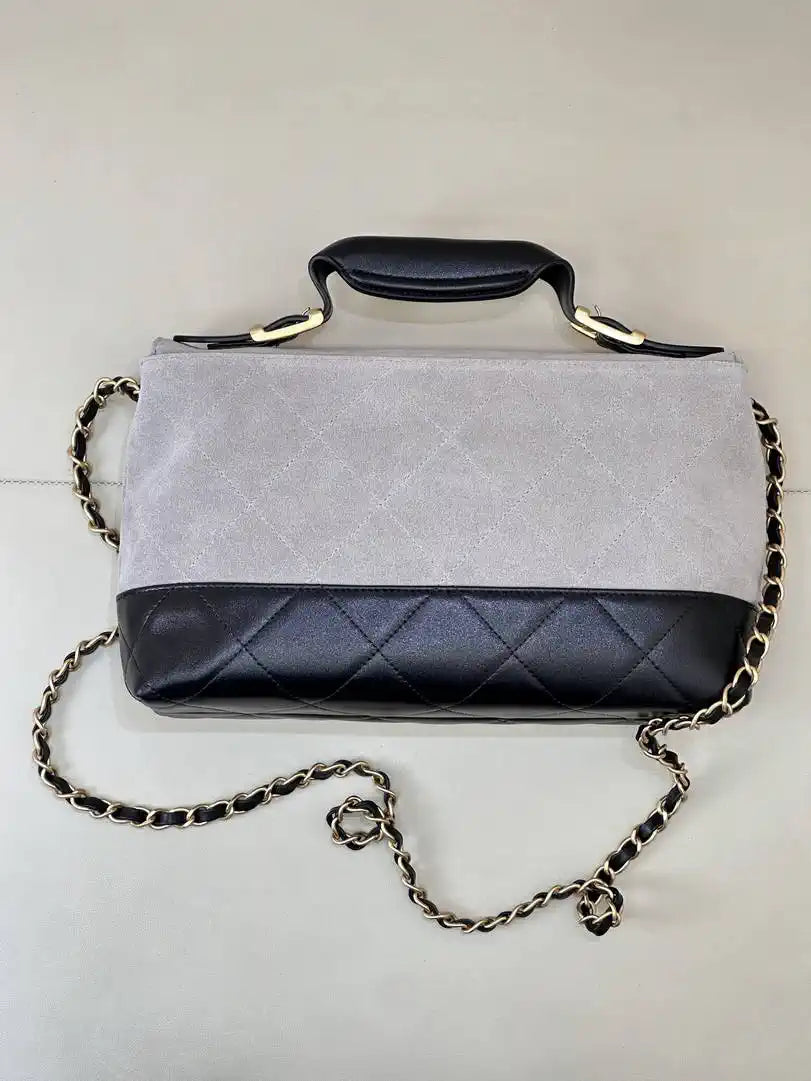 Chanel Large Flap Bag With Top Handle Suede Calfskin Shiny Lambskin AS5637 Gray